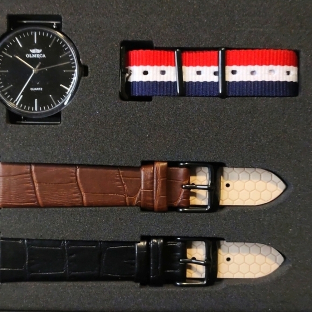 Olmeca Quartz Watch w/ 2 Leather Straps and 1 Nylon Strap NIB #3024